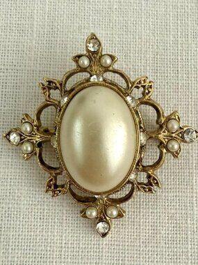 Vintage Faux Pearl Brooch with Rhinestone Accents Ornate Gold Tone Filigree Pin